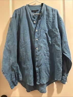Arnold Zimberg 100% Linen Blue Button Down Band Collar Shirt Long Sleeves size L